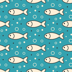 White fishes with black outline and bubbles on turquoise background. Vector seamless pattern.