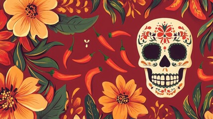 Vibrant Mexican floral art with chili peppers and decorative skull. Generative AI
