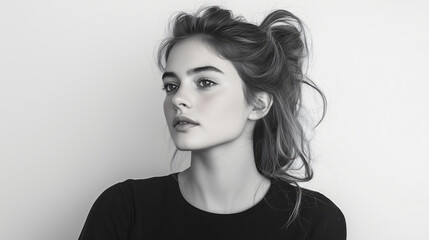 Naklejka premium Black and White Portrait: A captivating monochrome portrait of a young woman with piercing blue eyes and tousled hair, exuding an air of quiet confidence and contemplation.