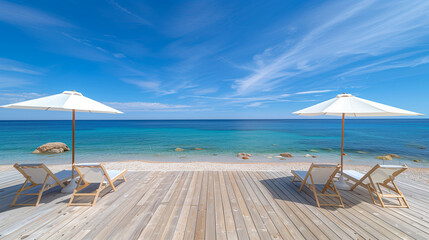 beach chairs and umbrella. Summer vacation essentials on the beach, relaxation, travel, sunny...