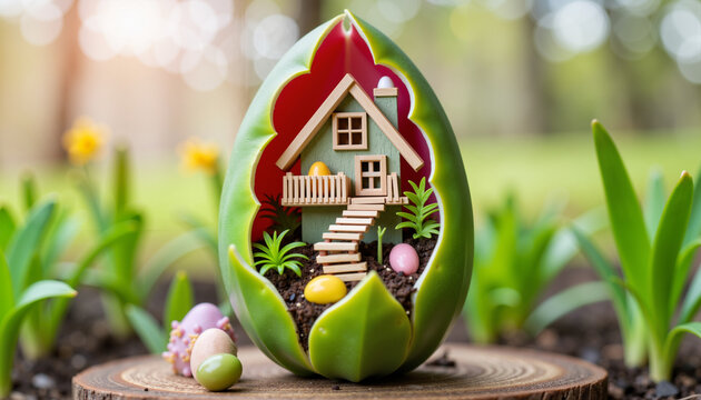 Easter egg house nestled in giant tulip with leafy balconies, spring magic