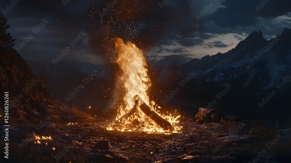 Aufkleber dramatic nighttime scene of a fiery blaze erupting in a remote mountain wilderness with flames and s