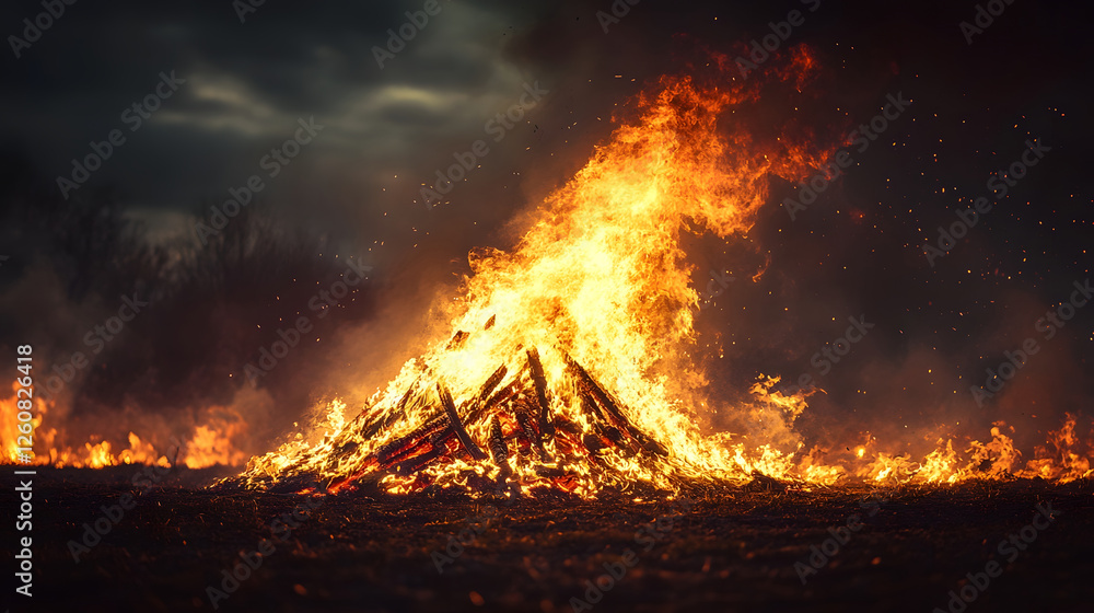 Poster dramatic nighttime scene of a raging wildfire burning intensely on a mountainous landscape tall flam