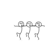 Minimalist vector illustration of three stick figures dancing in a line, holding hands. Black line drawing on a white background, expressing joy, fun, and togetherness