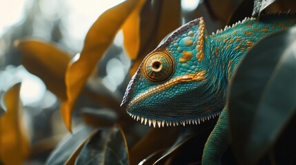 Chameleon Blending into Its Environment: A Detailed Close-Up Highlighting Reptile Adaptability and Camouflage, Perfect for Educational or Wildlife Awareness