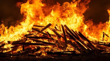 Dramatic Nighttime Scene of a Massive Bonfire Engulfed in Intense Flames Casting a Warm Glow on the Surrounding Darkness of the Outdoor Environment