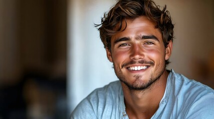 Portrait of smiling young man with brown hair and beard showing perfect white teeth