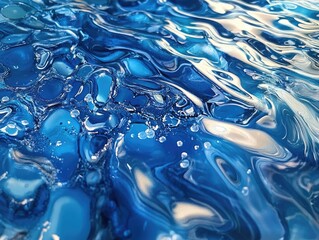 Abstract swirls of blue liquid, rippled surface, bubbles, sunlit water
