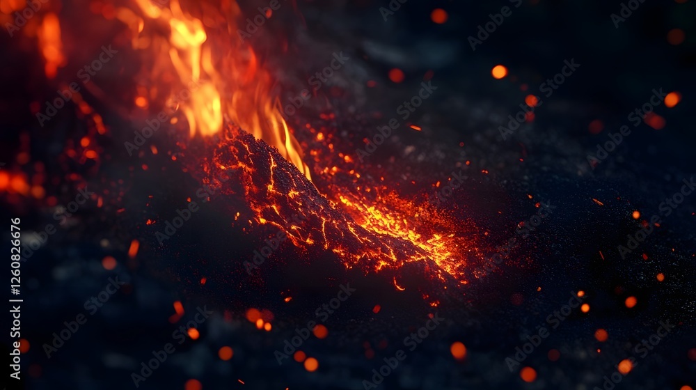 Poster dramatic scene of a fiery volcanic eruption at night with glowing lava exploding flames and a shower