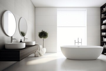 Bathroom interior oval bath, shiny mirrors, bright light from window decor of flowers houseplants.