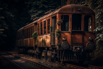 Fototapeta premium Photograph of a post-apocalyptic train abandoned and overrun by nature, in a rusty red and forest green color palette, with an overgrown railroad in the background
