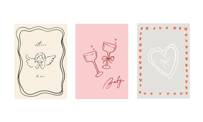 Set of three vector posters for Valentine's Day. With cute, flirty illustrations in doodle style and calligraphic inscriptions and phrases. Lettering. Pink, gray, red