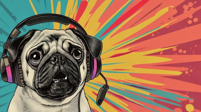 Pop art concept dog with headphones. Colorful background in pop art retro comic style. Pop art animation video.
