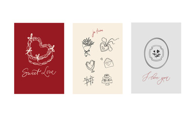 Set of three vector posters for Valentine's Day. With cute, flirty illustrations in doodle style and calligraphic inscriptions and phrases. Lettering. Pink, gray, red