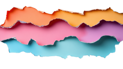Colorful ripped paper stripes creating abstract design on transparent background