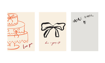 Set of three vector posters for Valentine's Day. With cute, flirty illustrations in doodle style and calligraphic inscriptions and phrases. Lettering. Pink, gray, red