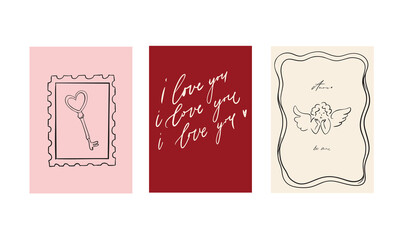 Set of three vector posters for Valentine's Day. With cute, flirty illustrations in doodle style and calligraphic inscriptions and phrases. Lettering. Pink, gray, red