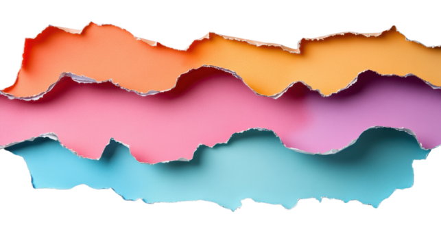 Colorful ripped paper stripes creating abstract design on transparent background
