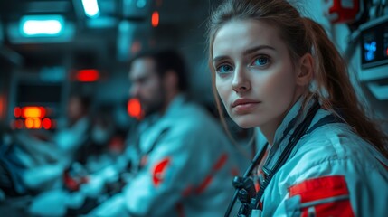 Female astronaut working in spaceship control room with colleagues operating futuristic panel
