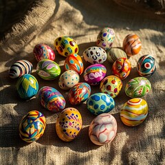 Fototapeta premium Colorful Hand Painted Easter Eggs Scattered on a Rustic Linen Tablecloth in a Sunlit Interior