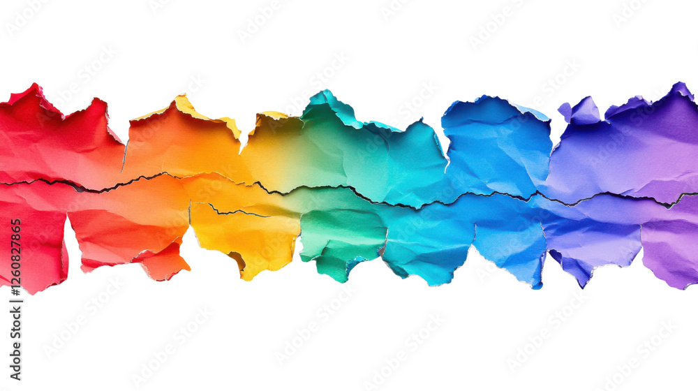 Poster torn rainbow colored paper creating a colorful background with transparent background