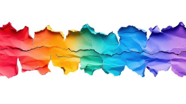 Torn rainbow colored paper creating a colorful background with transparent background