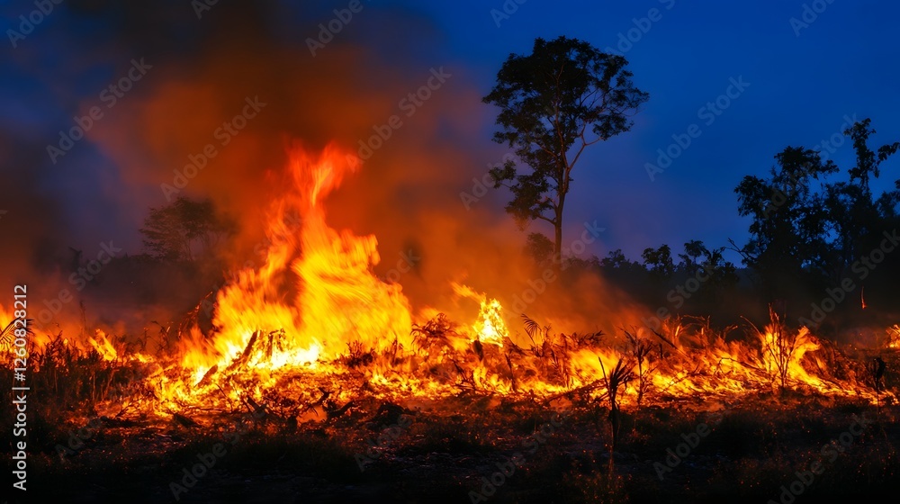Poster dramatic scene of a raging wildfire engulfing a lush forest at dusk with towering flames and billowi