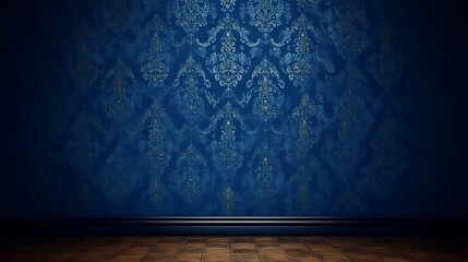 Dark Blue Room With Damask Wallpaper And Wood Floor