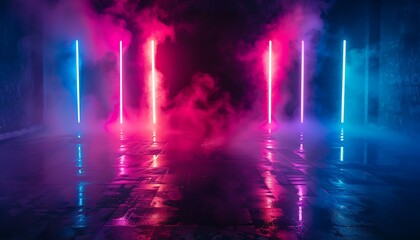 Futuristic corridor with neon lights and reflections. 3d rendering