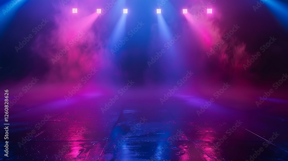 Poster futuristic corridor with neon lights and reflections. 3d rendering