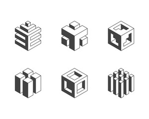 Six abstract isometric cube designs.  Modern, minimalist style perfect for branding, technology, architecture, or engineering projects.