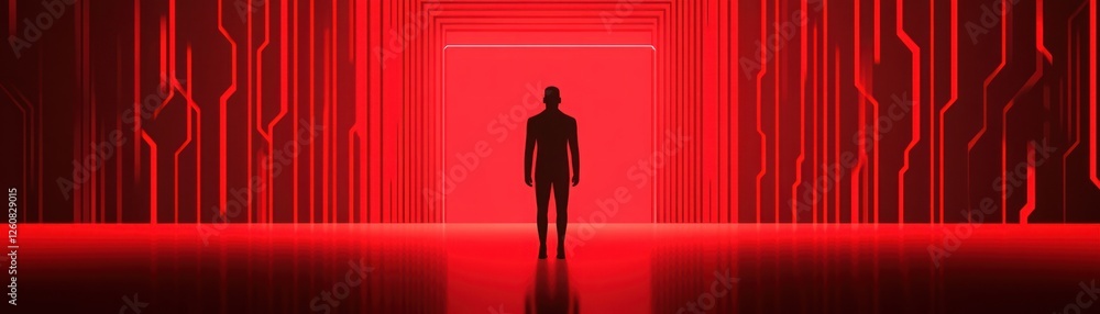 Poster mysterious silhouette standing in a futuristic corridor illuminated by vivid red lights, creating a 
