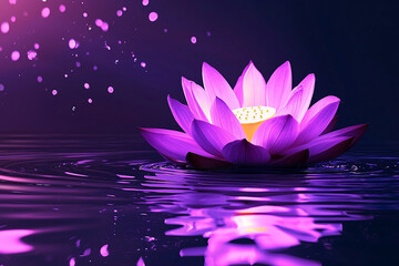 A purple lotus flower softly glowing over a dark water