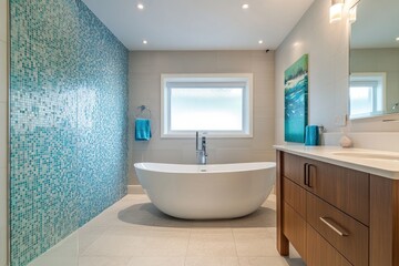 Modern Bathroom with Teal Mosaic Wall and Freestanding Tub