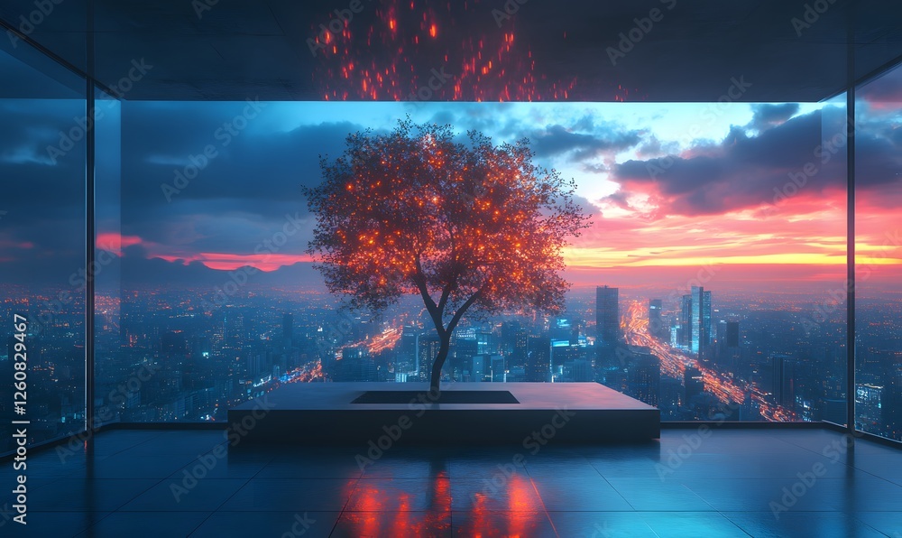 Poster a glowing tree stands in an indoor platform overlooking a vast city at sunset creating a captivating