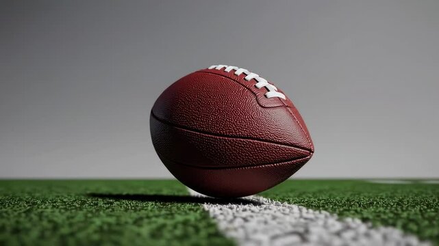 Football wobbling unsteadily across green turf near white boundary line, highlighting dramatic sports equipment motion with intense athletic energy and competitive spirit