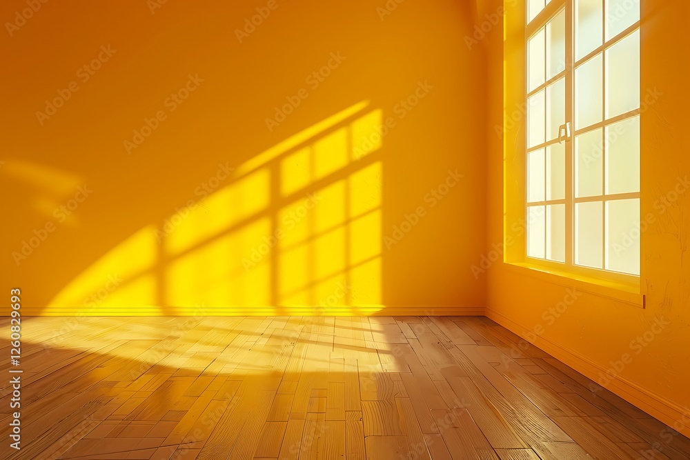 Poster empty room with yellow walls and floor and window with sunlight. 3d rendering