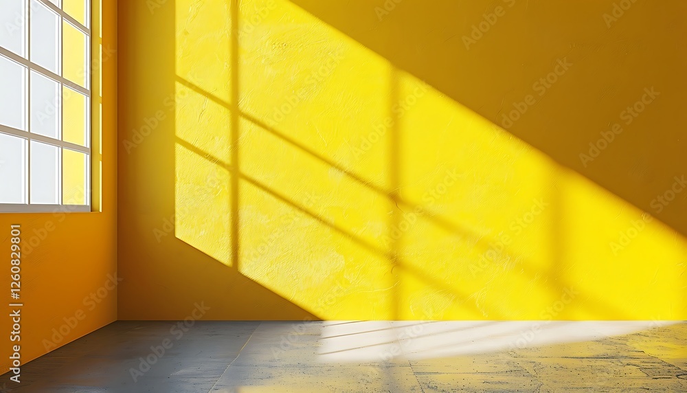 Poster empty room with yellow walls and floor and window with sunlight. 3d rendering