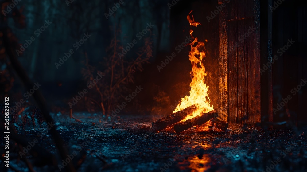 Poster dramatic scene of flames and fire engulfing a wooden cabin or structure in a serene dark forest land