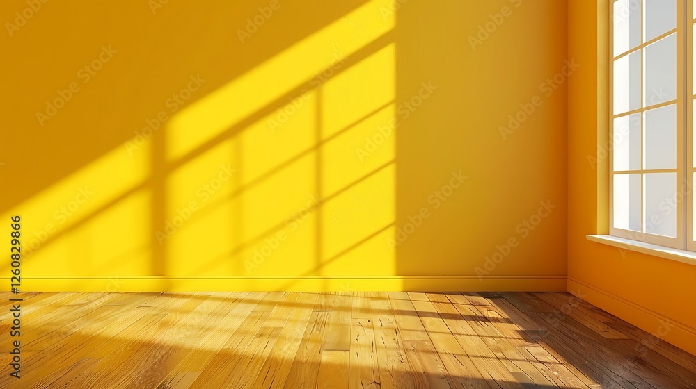 Poster empty room with yellow walls and floor and window with sunlight. 3d rendering