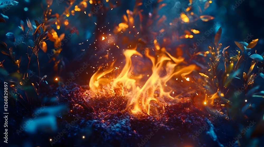 Poster Dramatic scene of glowing embers flames and sparks in an enchanted fantasy forest setting  The fiery blaze creates a powerful intense and mystical atmosphere with a supernatural otherworldly vibe