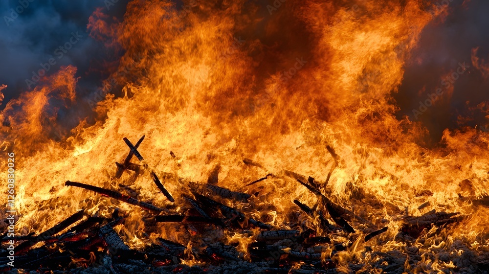 Poster dramatic scene of raging flames and intense heat consuming a pile of wooden debris and branches in t