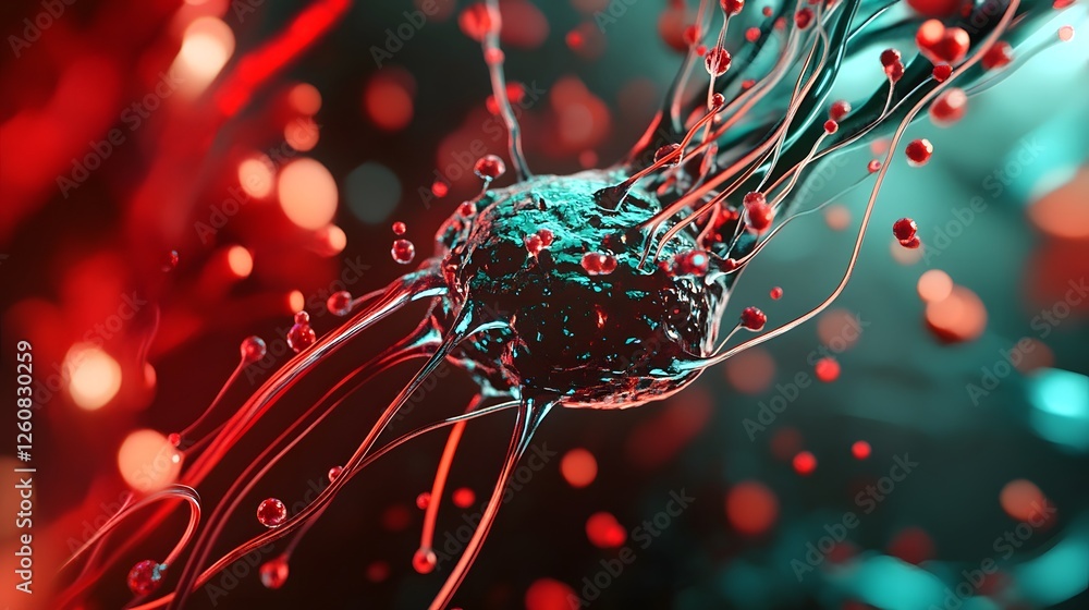 Poster Dynamic splashing liquid motion with vibrant abstract bokeh background  Refreshing and energetic aqua and red color palette  Fluid swirling