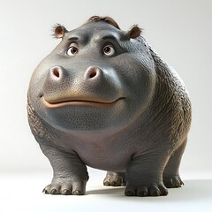 Happy hippopotamus, 3D render, white background, cartoon style, children's book illustration