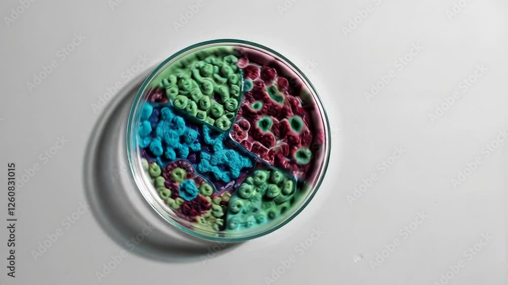 Poster colorful chemical substances are expanding and reacting in a petri dish, isolated on a white backgro