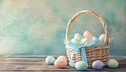 Fototapeta premium Basket with easter eggs and spring flowers on blue wooden background