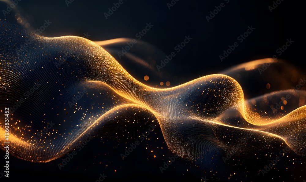 Poster abstract golden particles flow on dark backdrop, creating dynamic waves of light