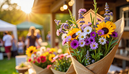 Colorful flower bouquets for outdoor markets at sunset, perfect for blogs, websites, greeting cards, stationery design, and floral-themed presentations