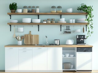 simple kitchen with open shelves and cooking essentials