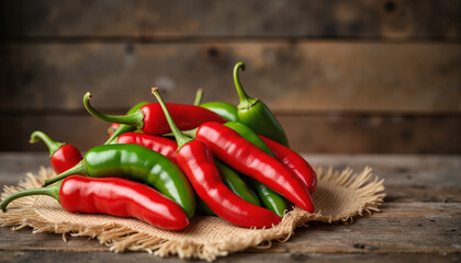Red and green chili peppers arranged on a burlap mat against a rustic wooden background for food blogs, recipe websites, culinary designs, market promotions, and cooking presentations